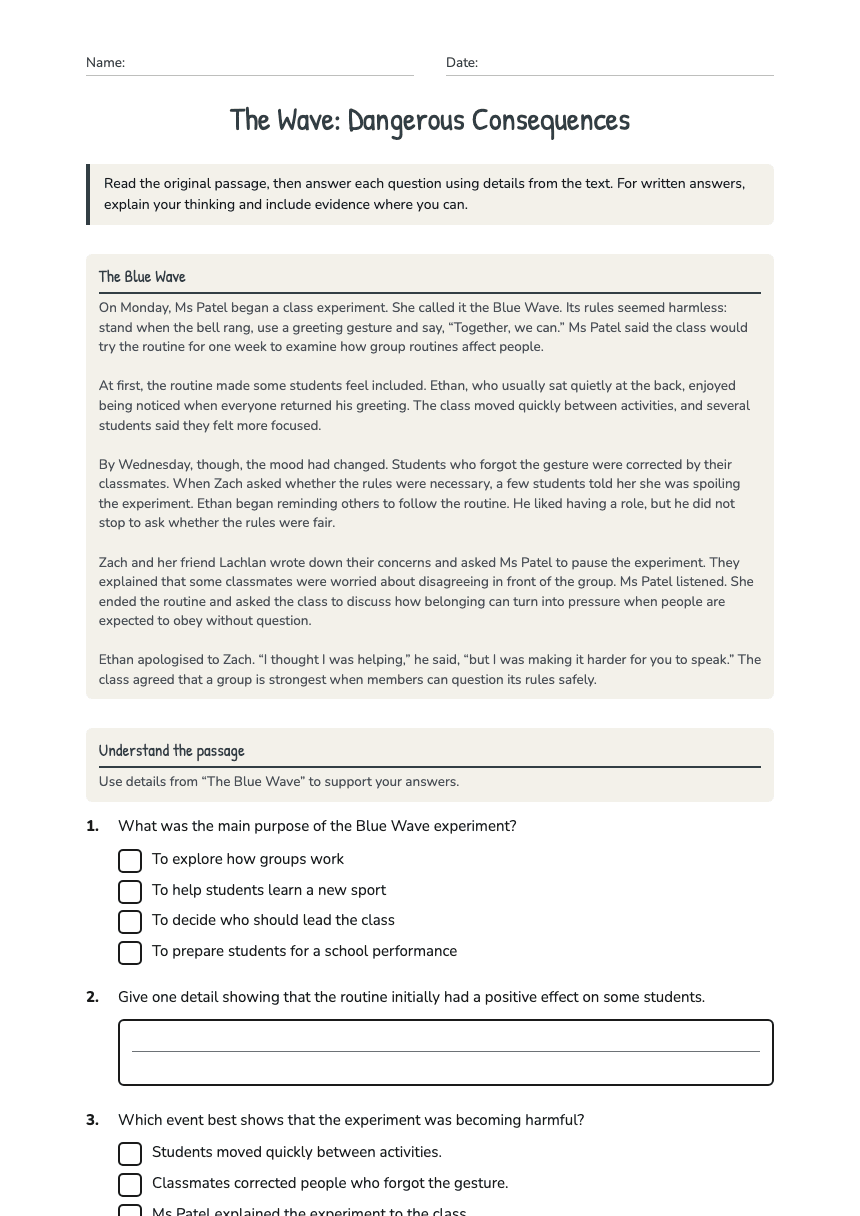 The Wave: Dangerous Consequences worksheet preview
