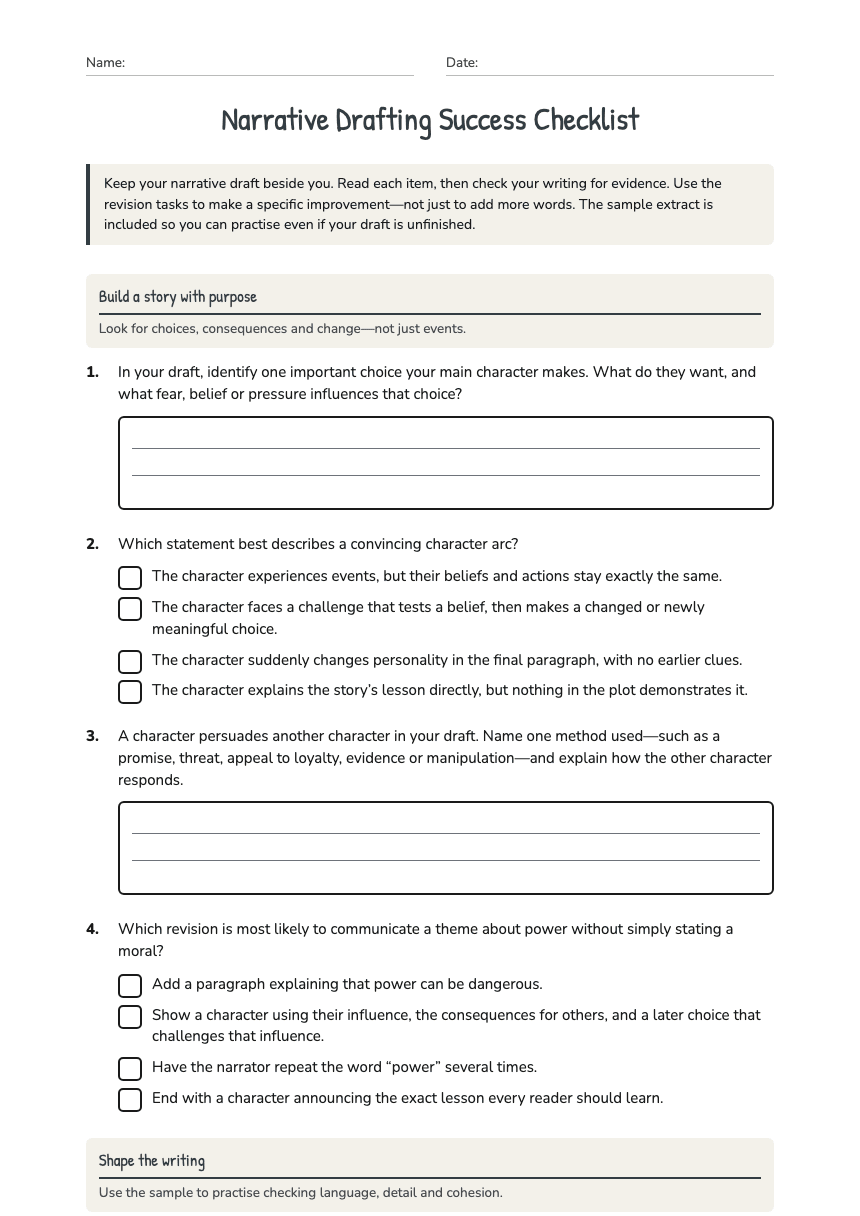 Narrative Drafting Success Checklist worksheet preview