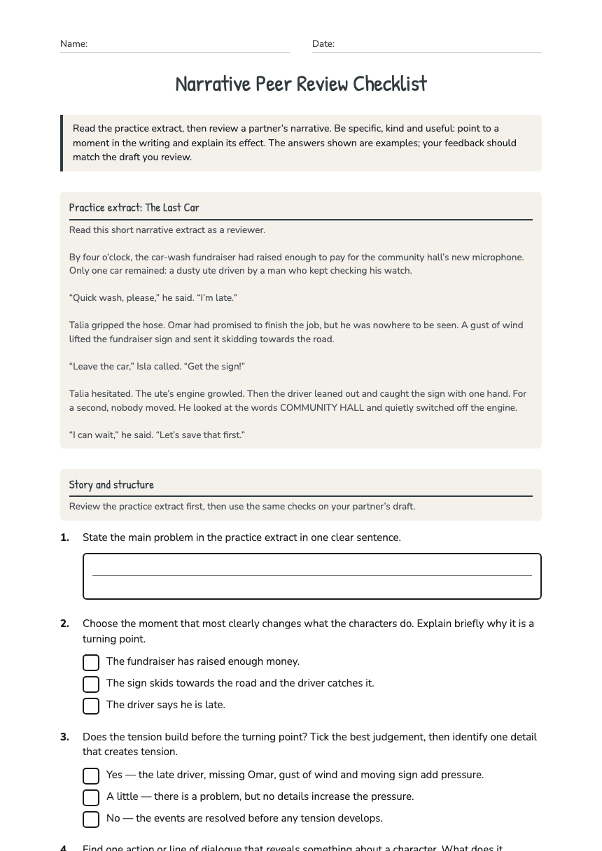 Narrative Peer Review Checklist worksheet preview