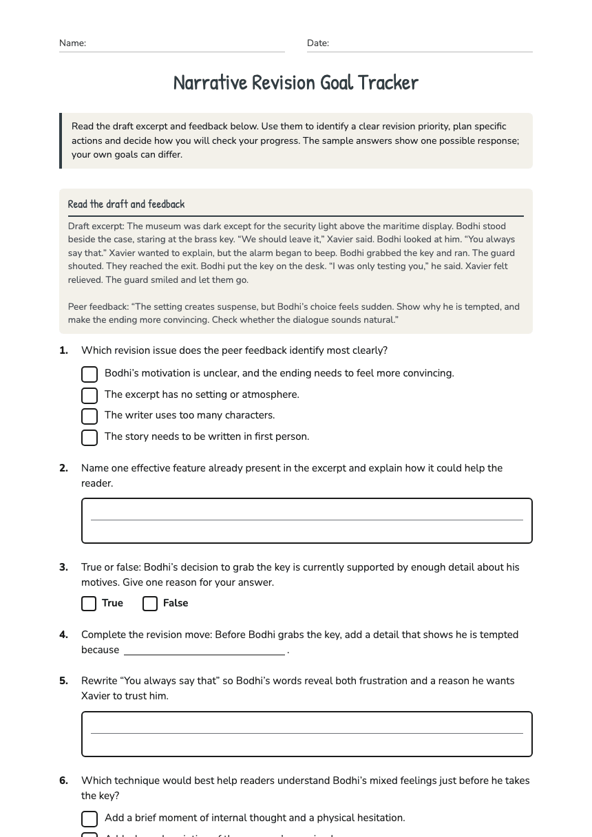 Narrative Revision Goal Tracker worksheet preview