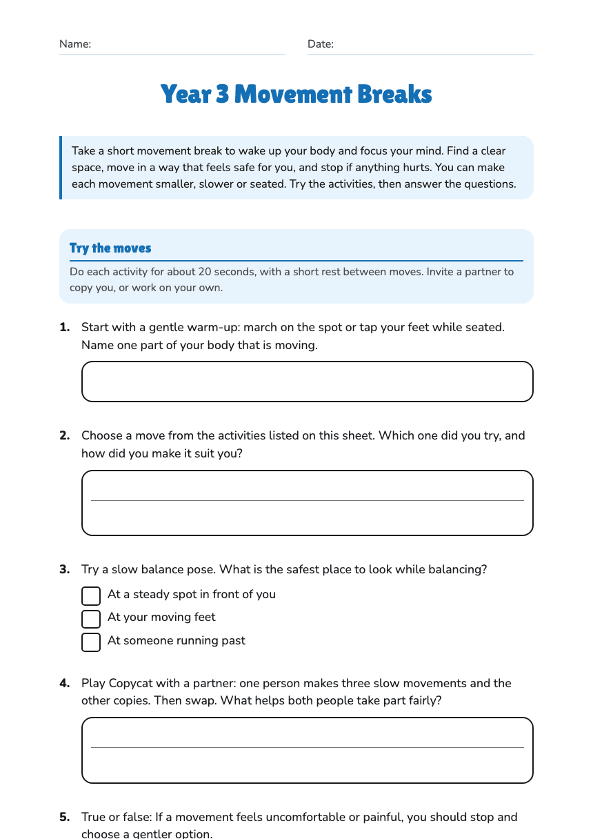Year 3 Movement Breaks worksheet preview