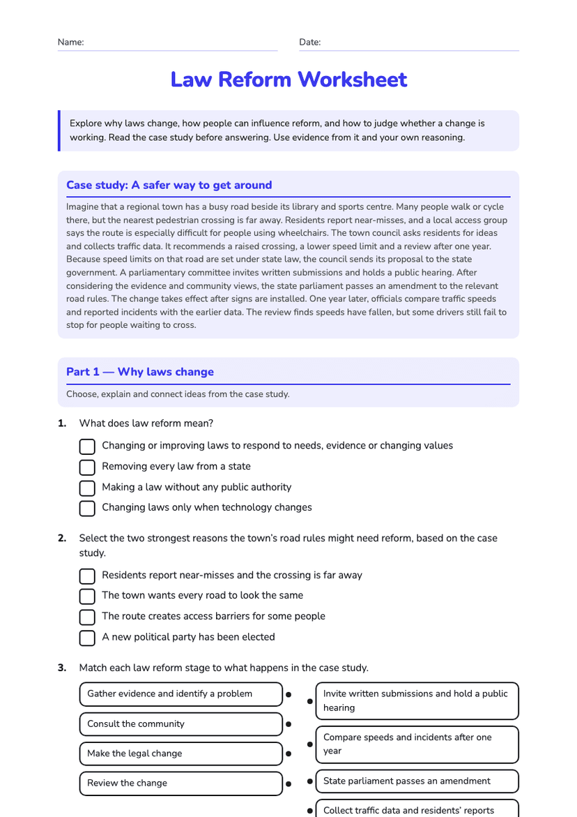 Law Reform Worksheet