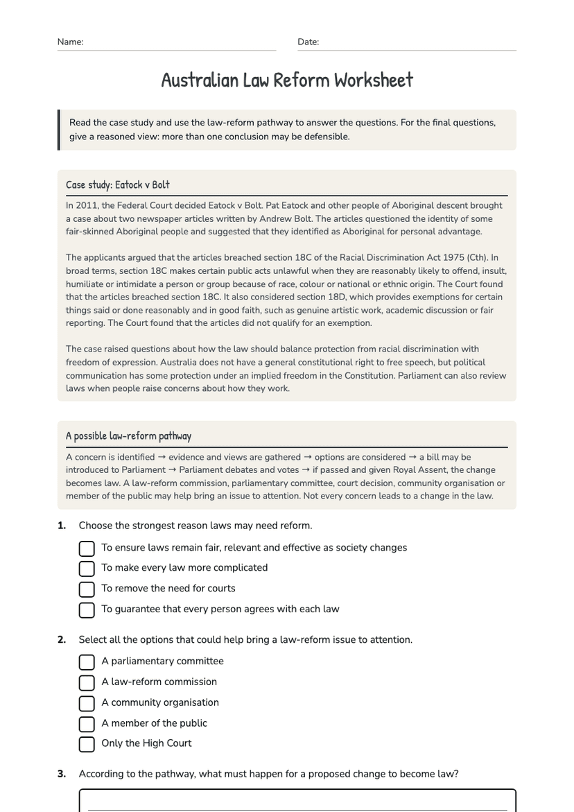 Australian Law Reform Worksheet