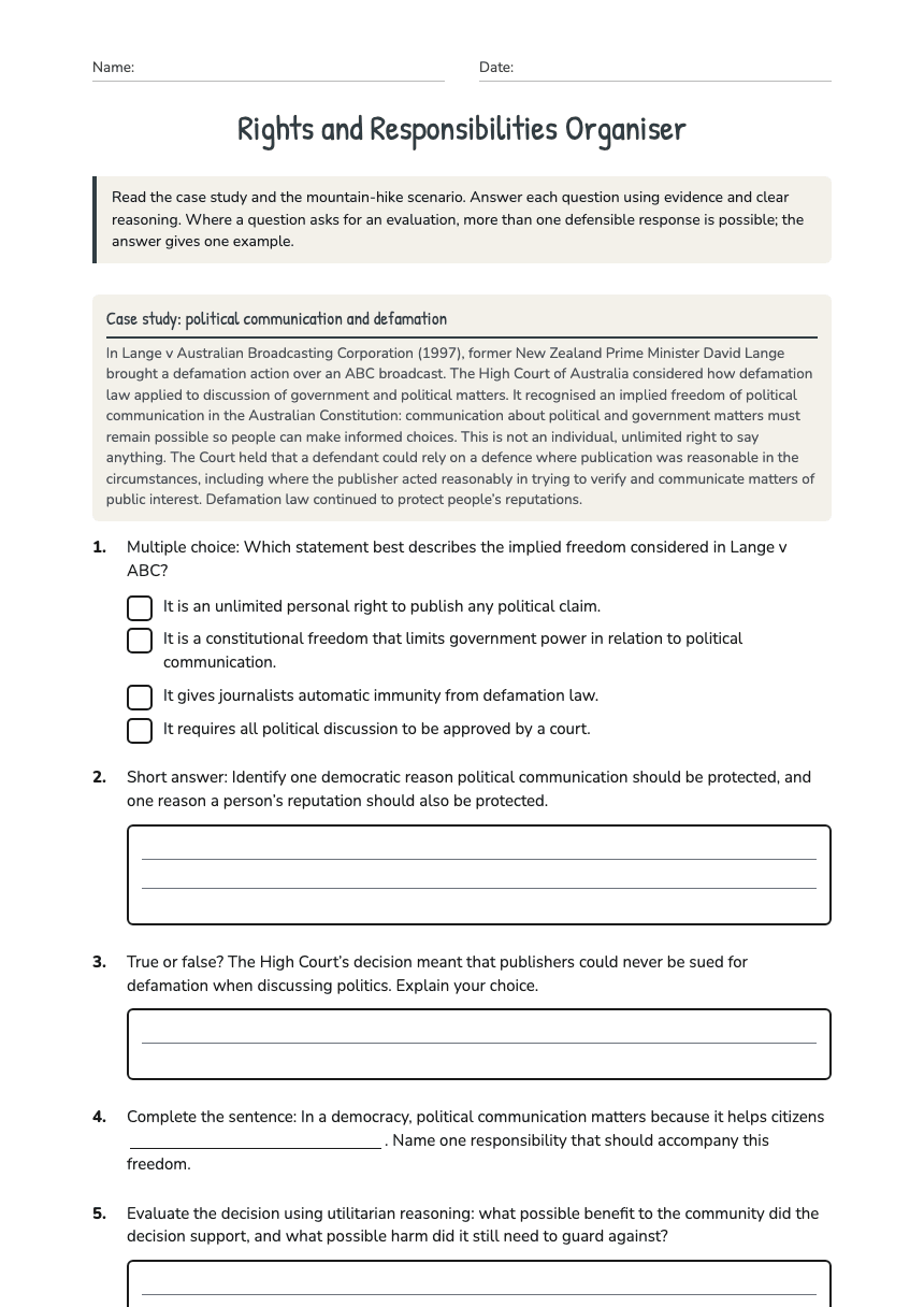 Rights and Responsibilities Organiser worksheet preview