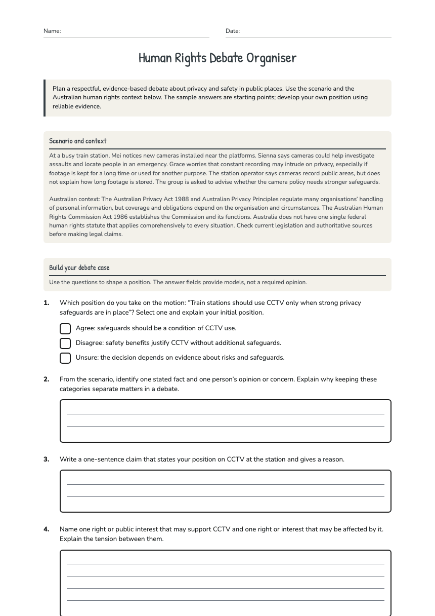 Human Rights Debate Organiser worksheet preview