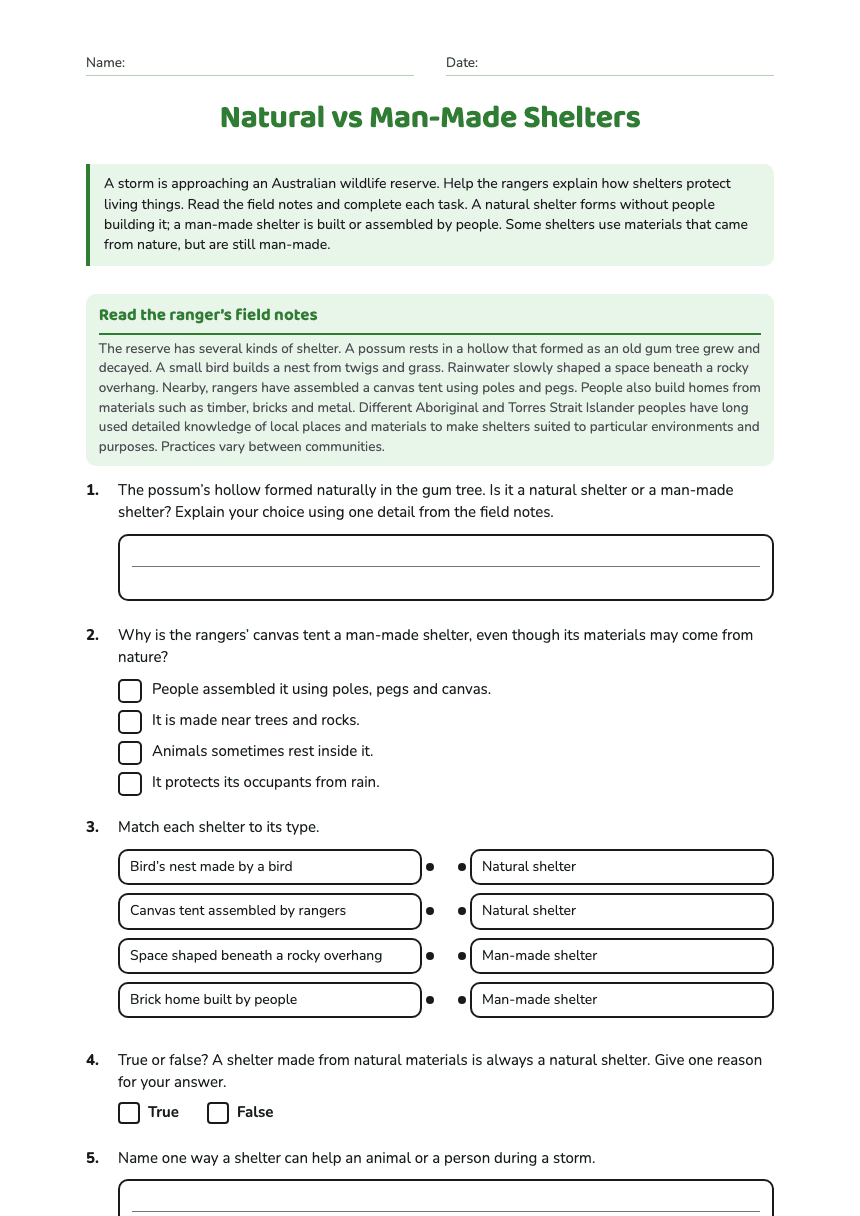 Natural vs Man-Made Shelters worksheet preview