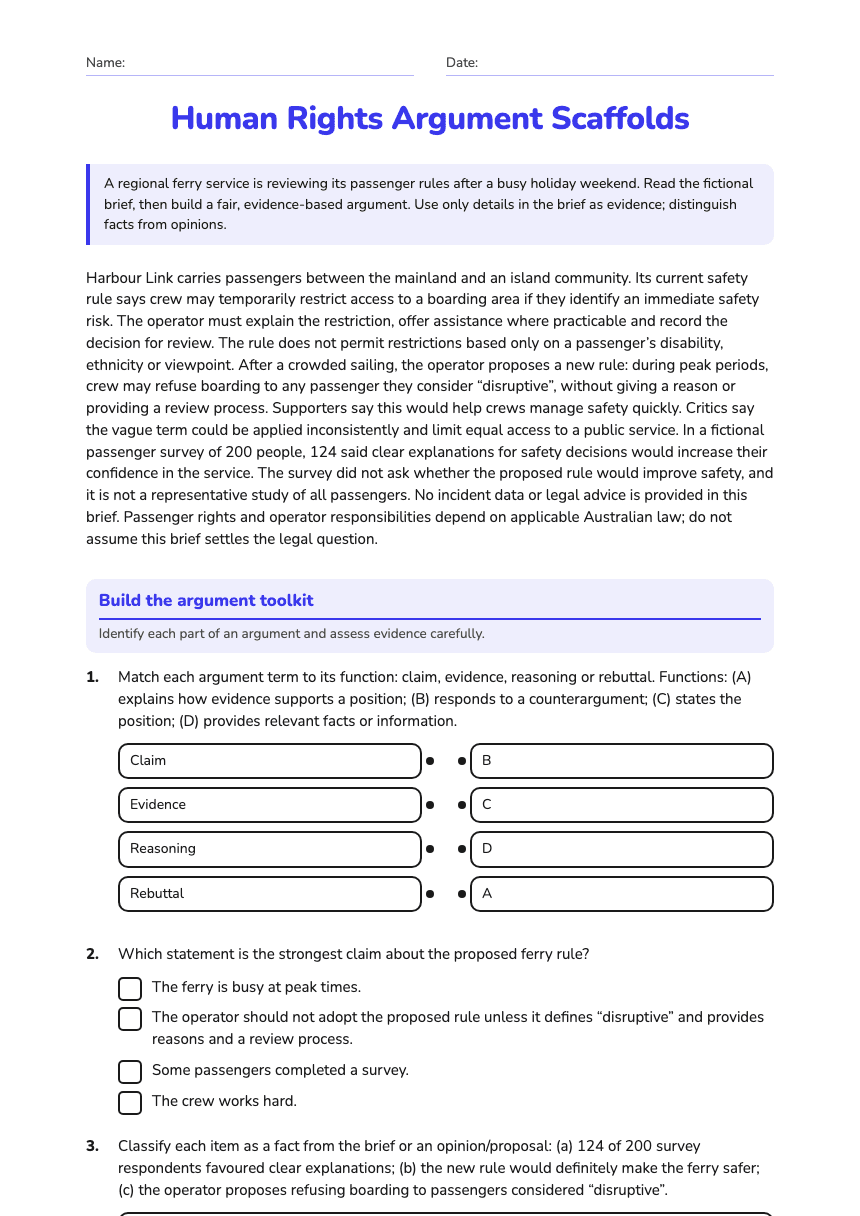 Human Rights Argument Scaffolds worksheet preview
