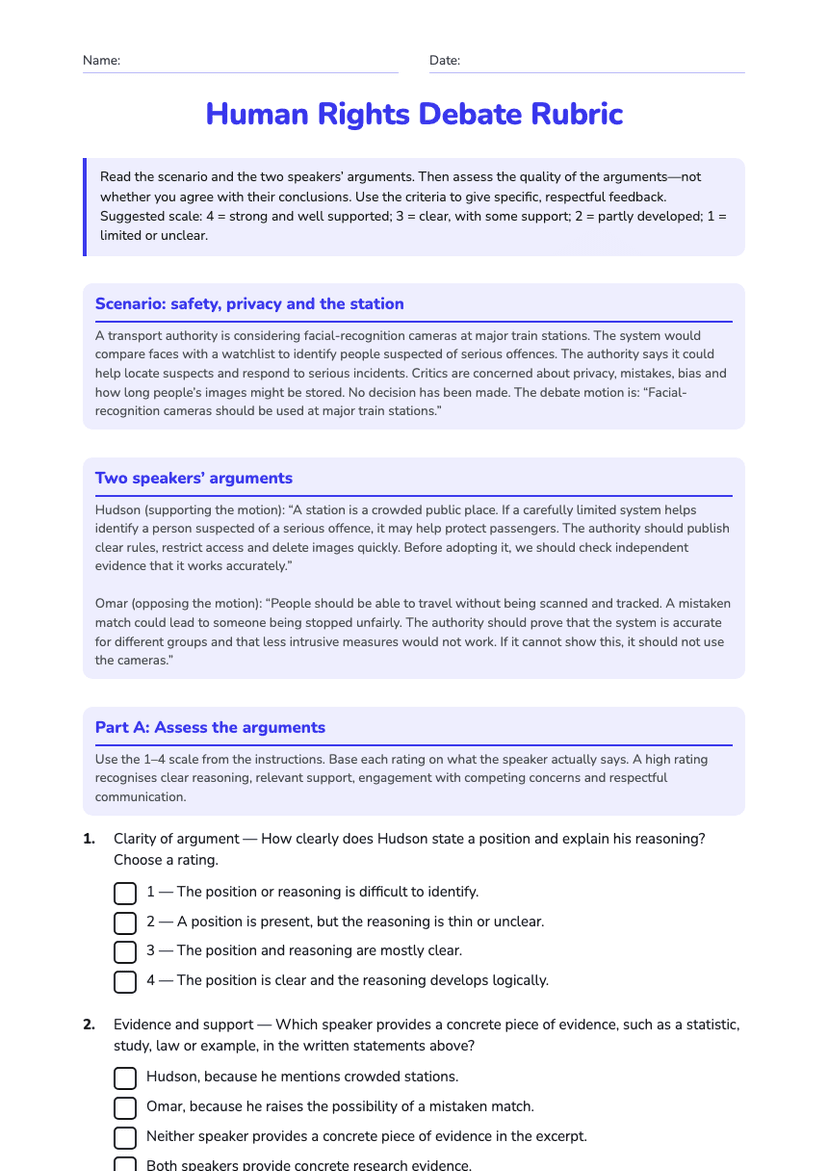 Human Rights Debate Rubric