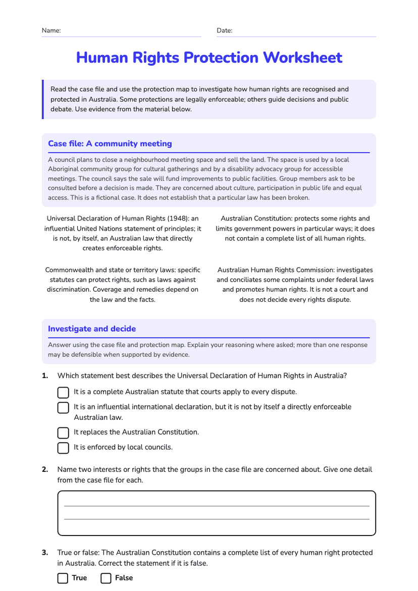 Human Rights Protection Worksheet