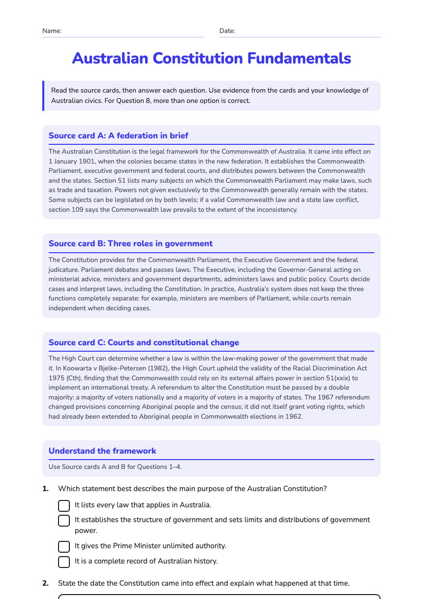 Australian Constitution Fundamentals worksheet preview