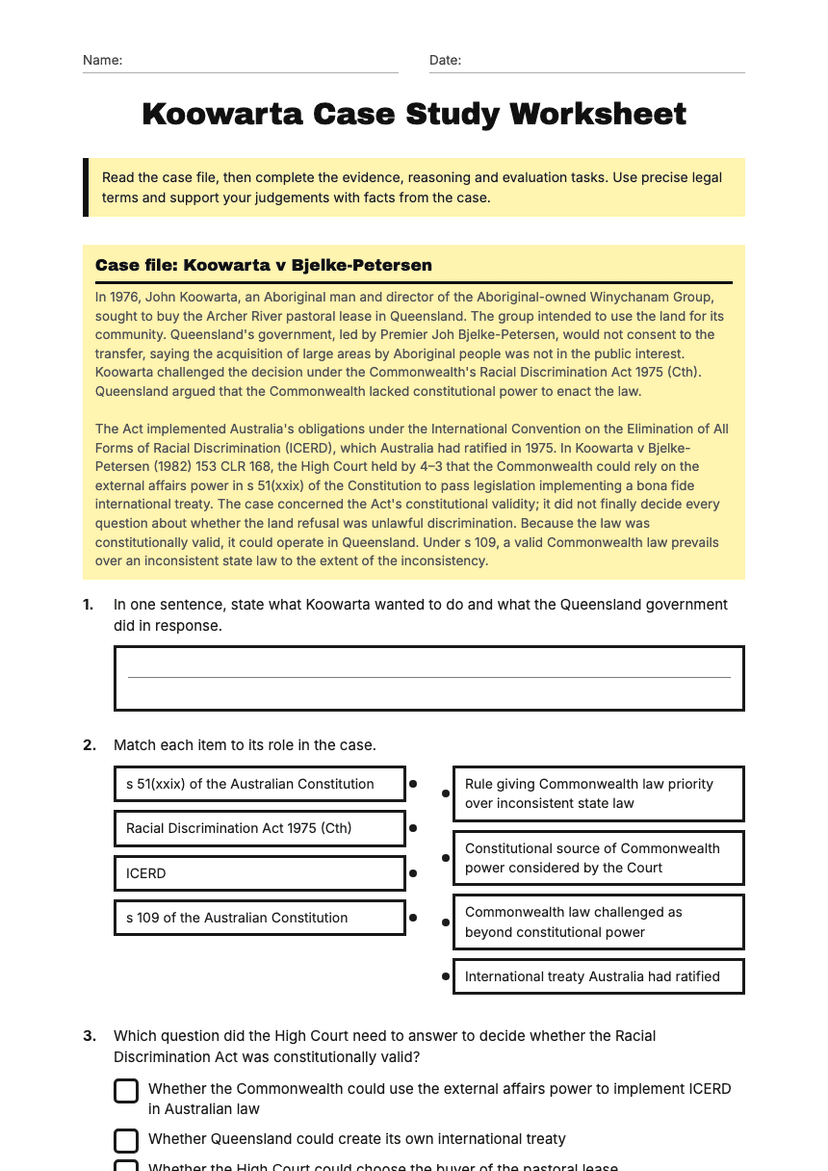 Koowarta Case Study Worksheet