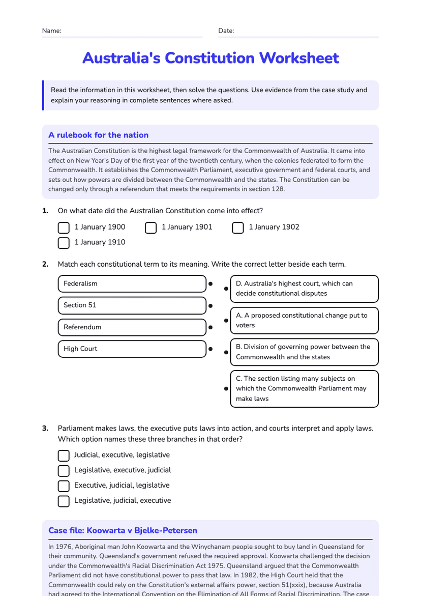 Australia's Constitution Worksheet