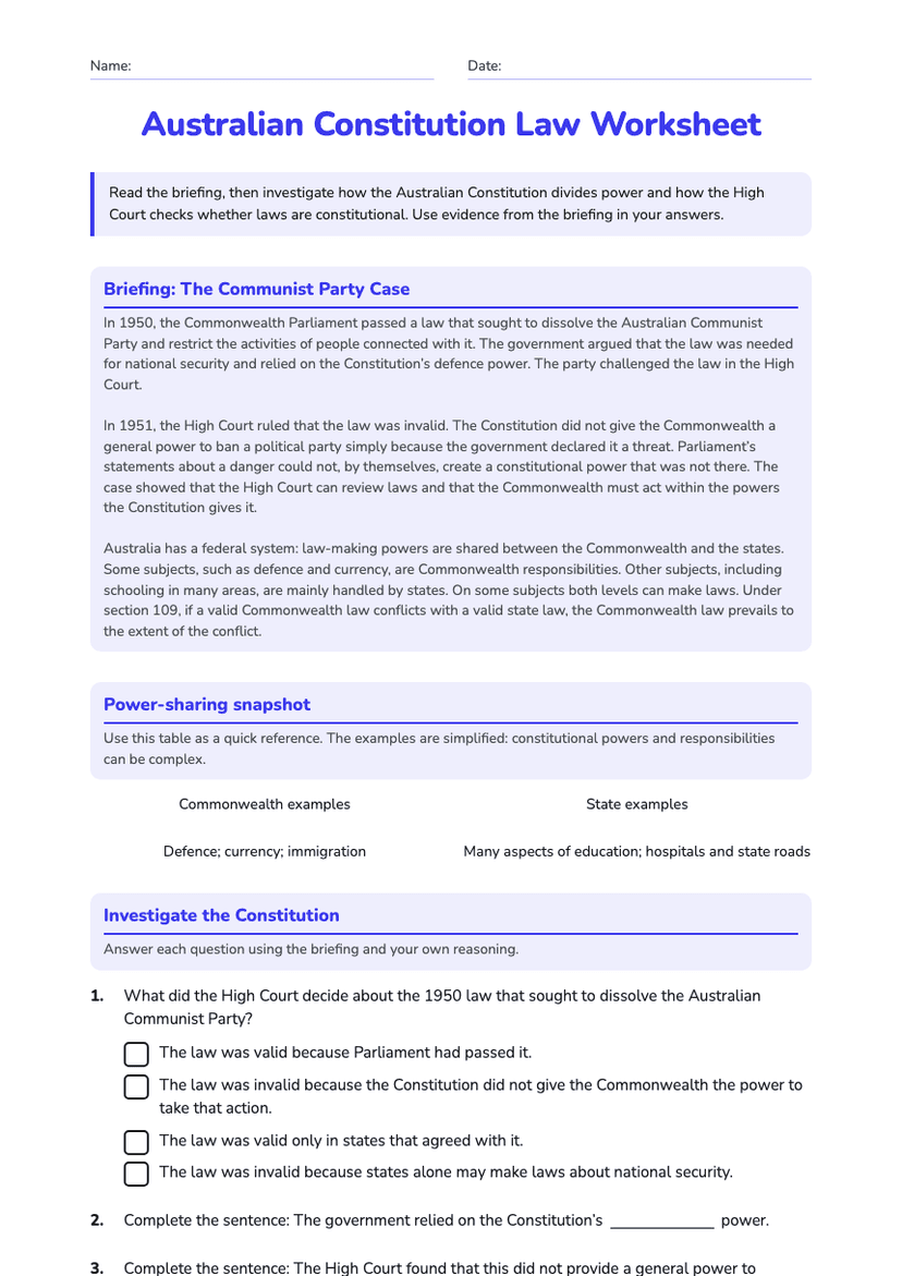 Australian Constitution Law Worksheet