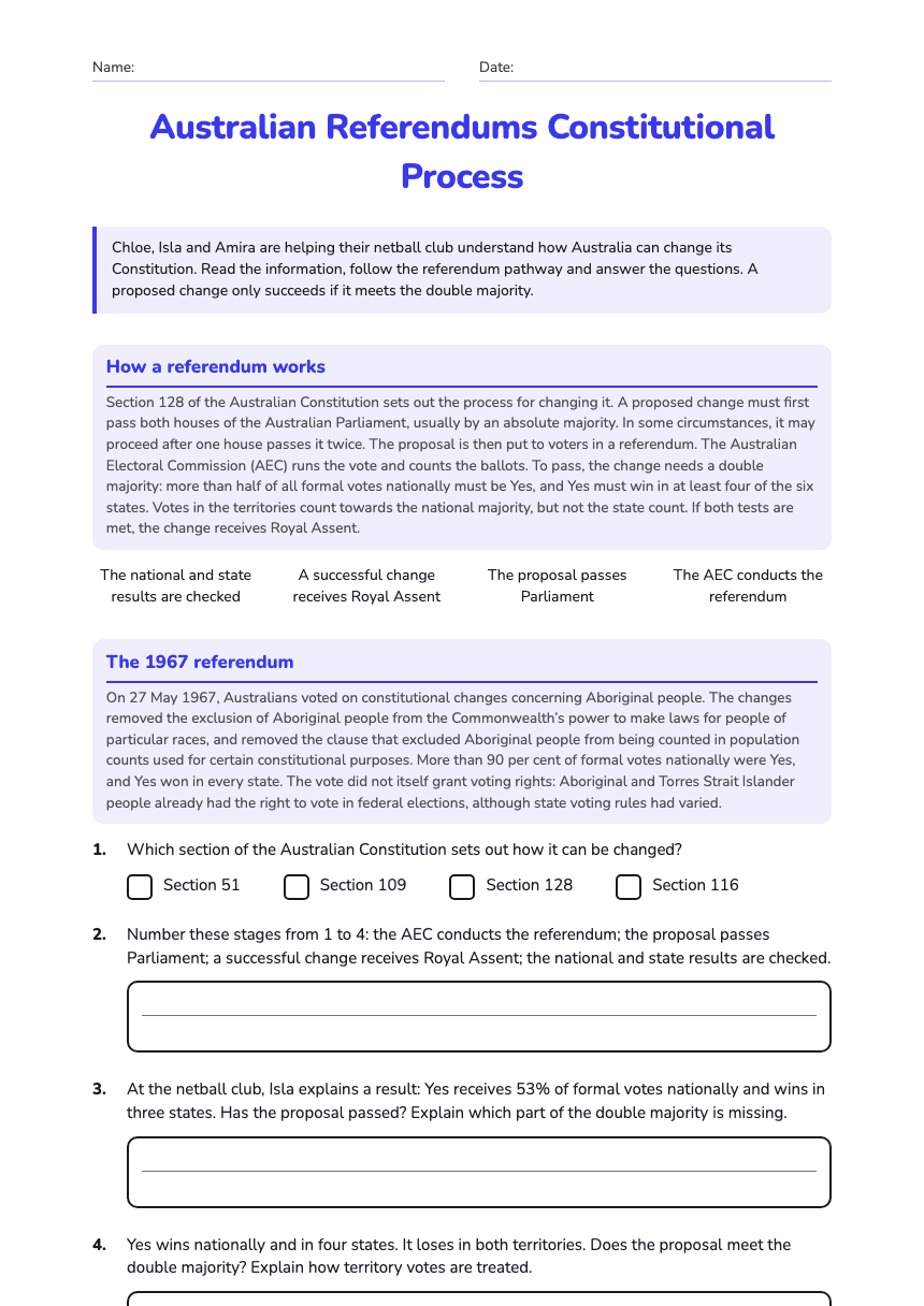 Australian Referendums Constitutional Process worksheet preview
