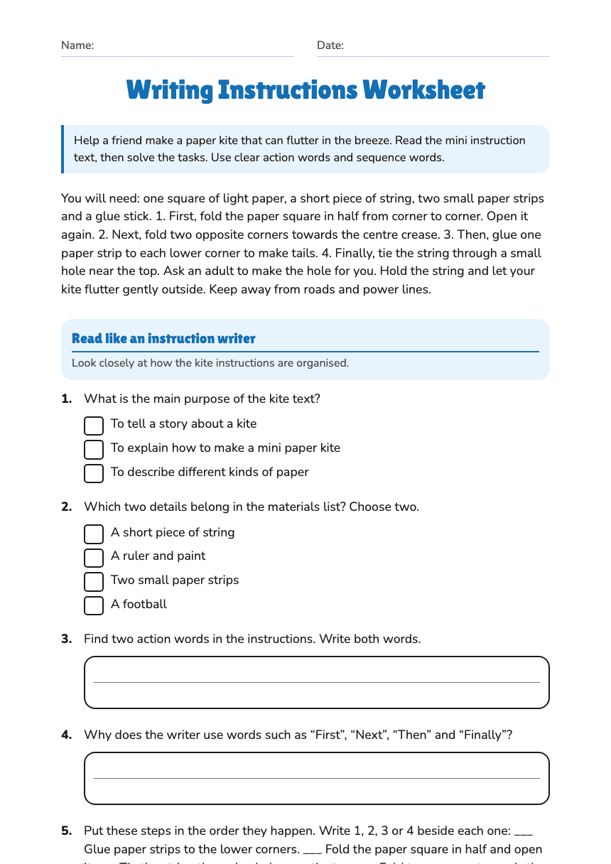 Writing Instructions Worksheet worksheet preview