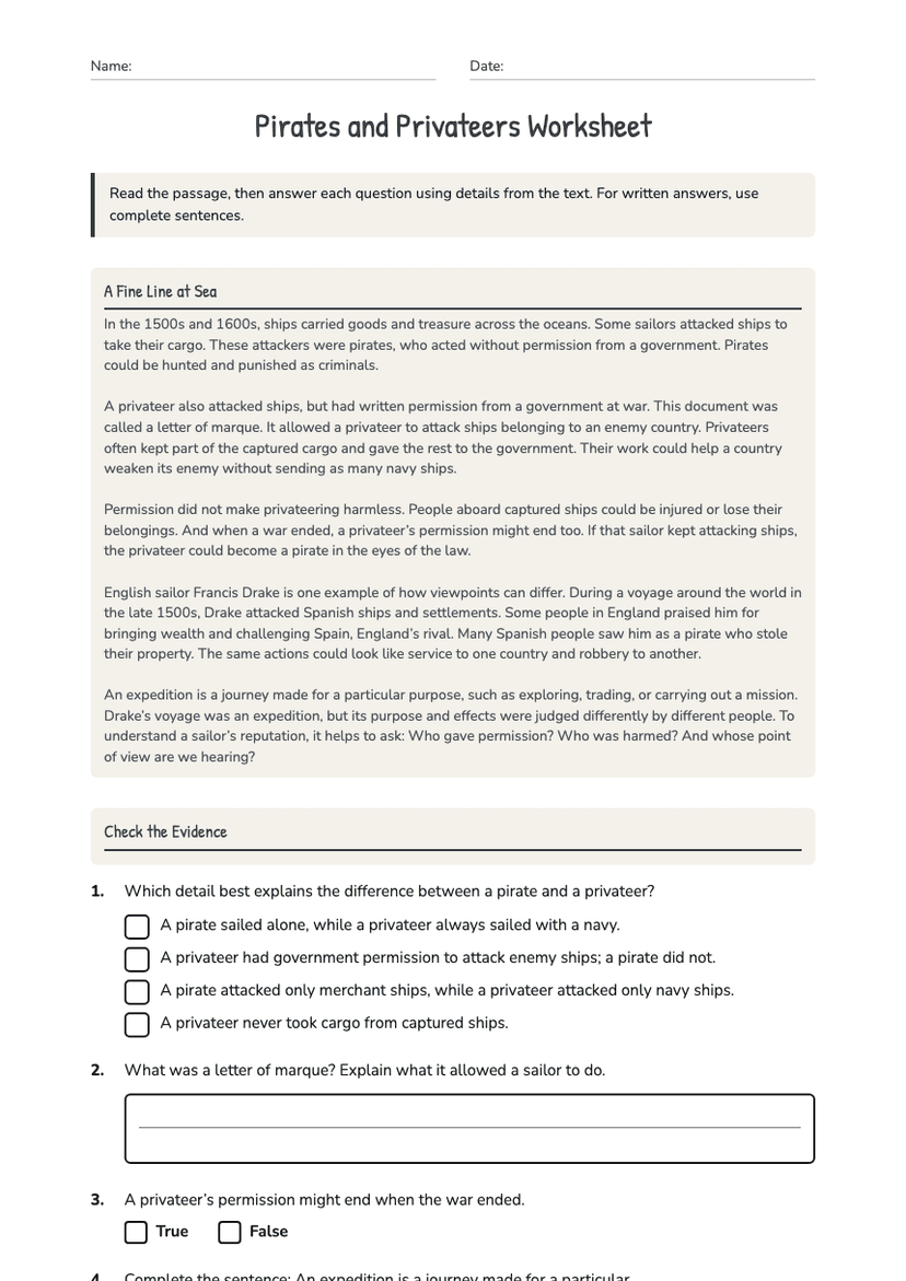 Pirates and Privateers Worksheet