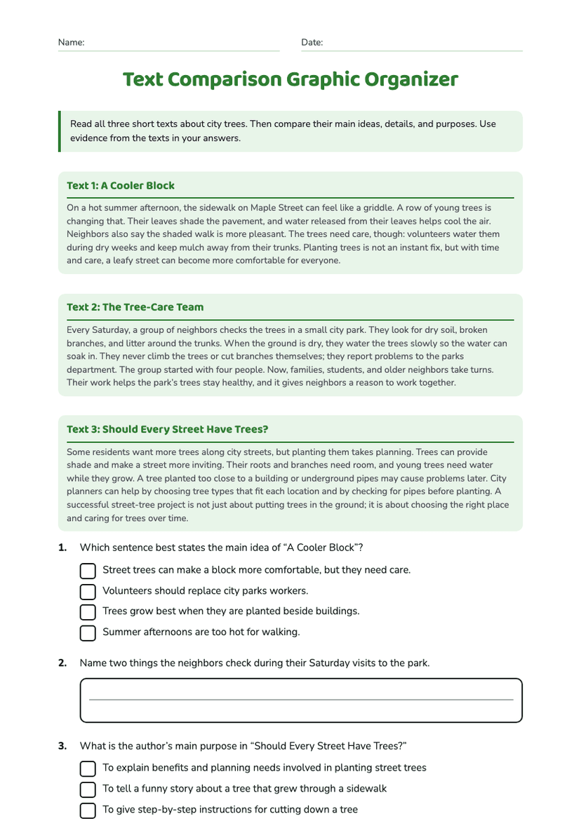 Text Comparison Graphic Organizer