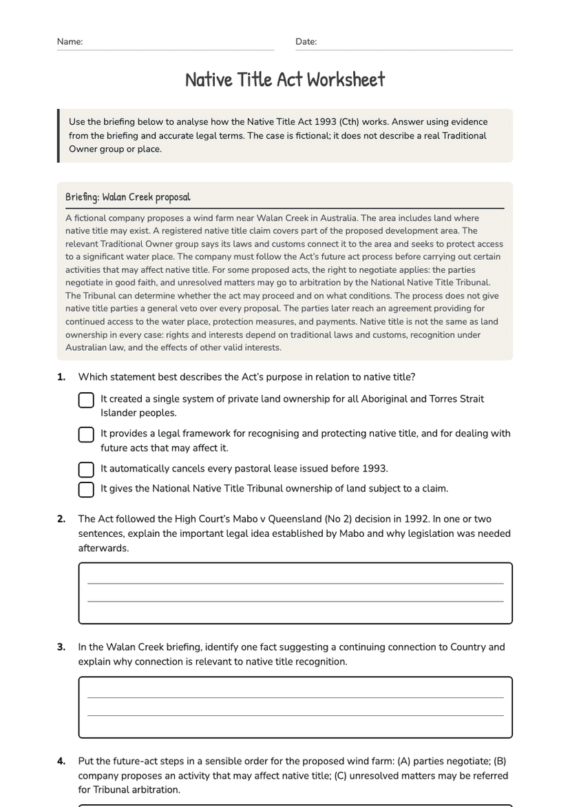 Native Title Act Worksheet