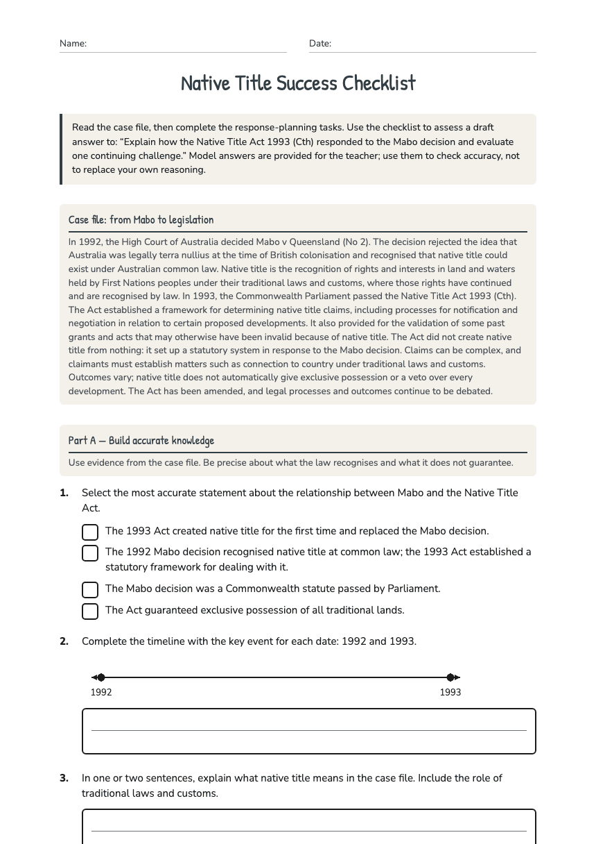 Native Title Success Checklist worksheet preview
