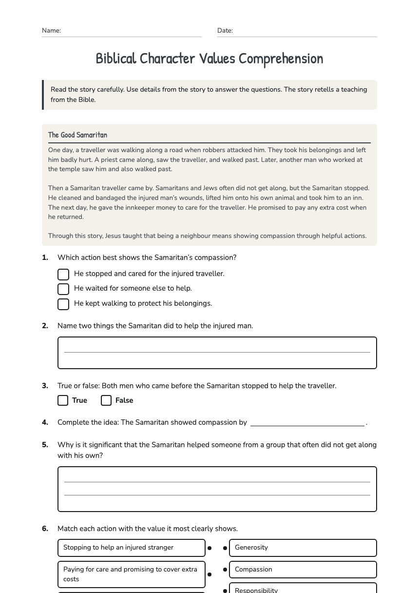 Biblical Character Values Comprehension worksheet preview