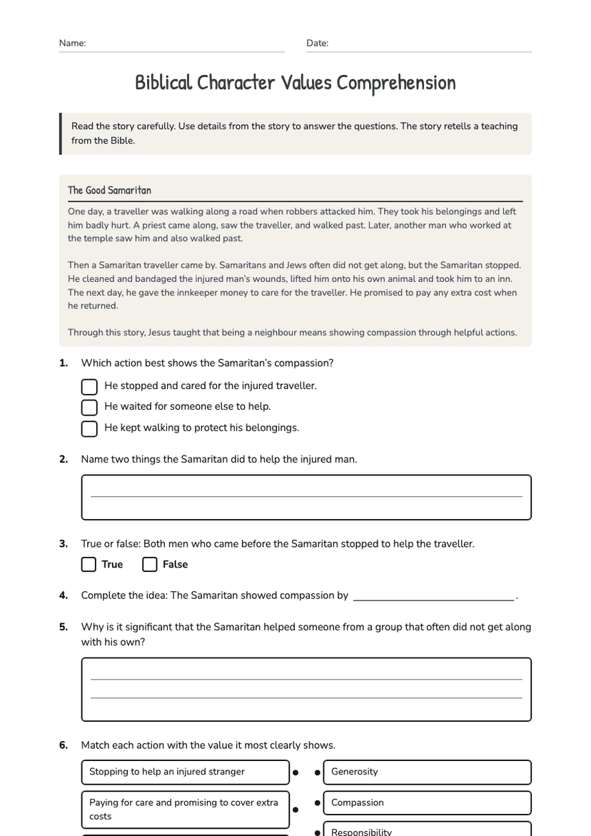 Biblical Character Values Comprehension