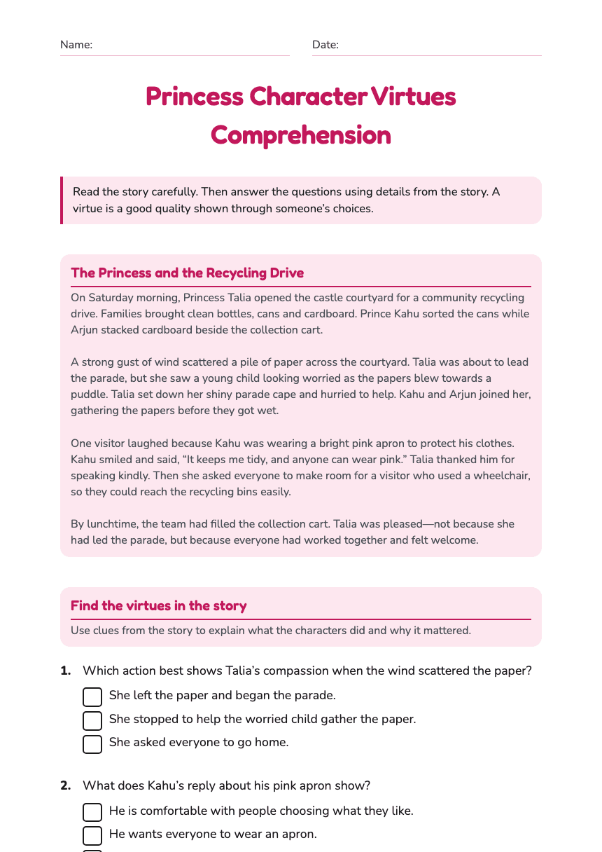 Princess Character Virtues Comprehension worksheet preview
