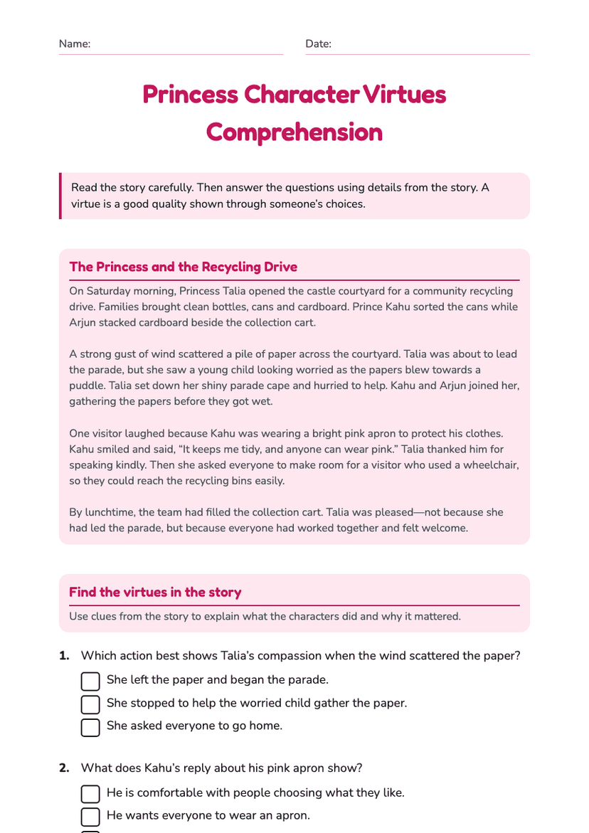 Princess Character Virtues Comprehension