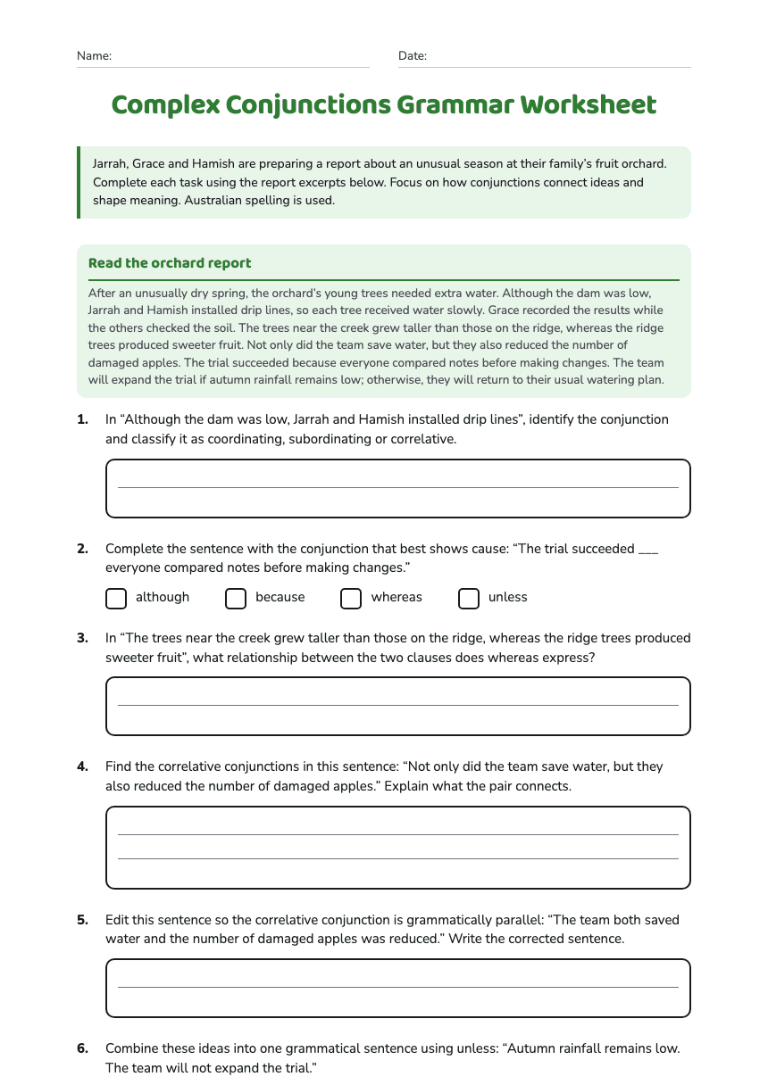 Complex Conjunctions Grammar Worksheet worksheet preview