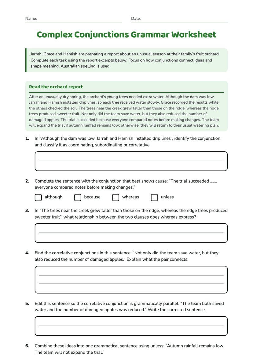 Complex Conjunctions Grammar Worksheet