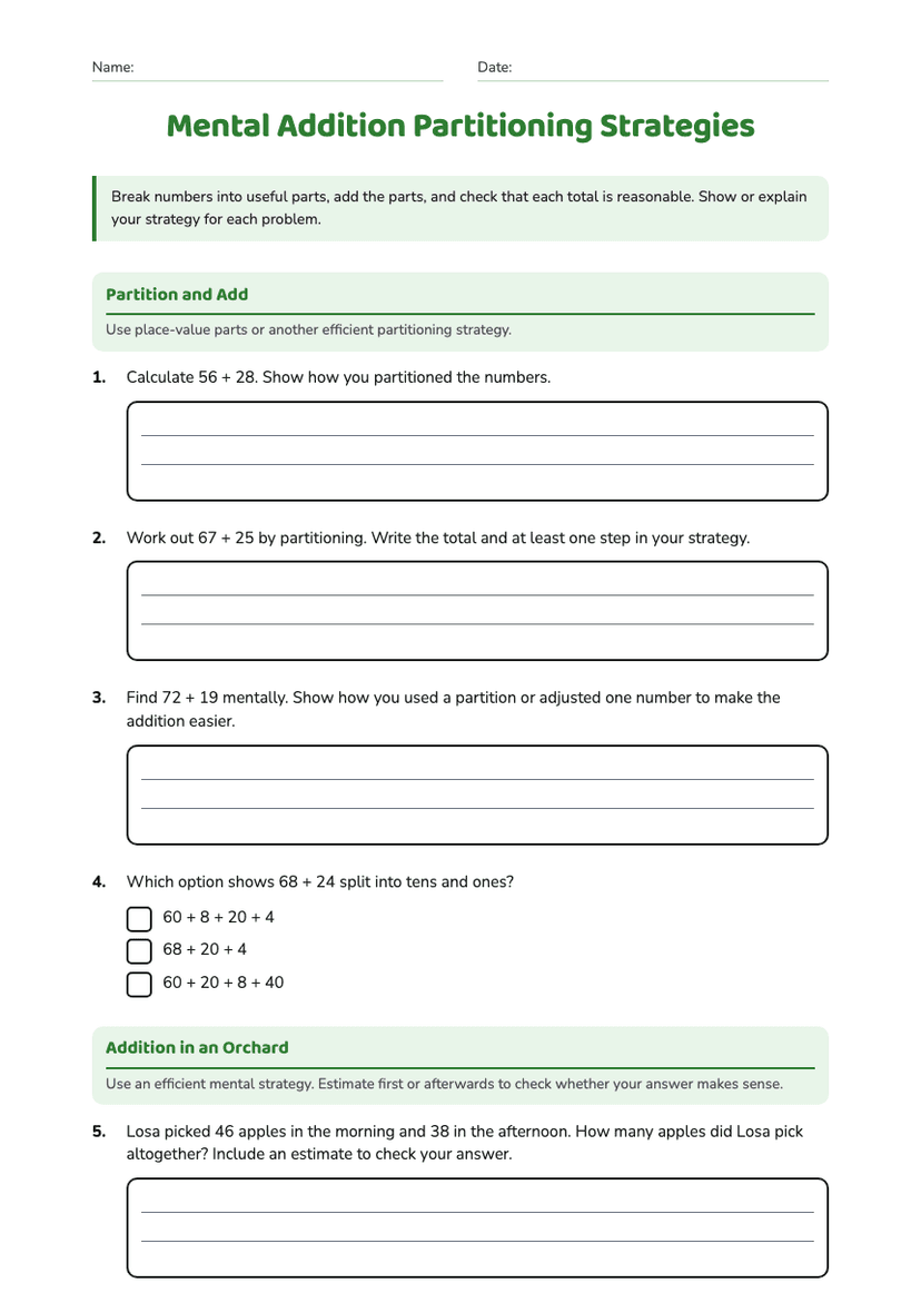 Mental Addition Partitioning Strategies