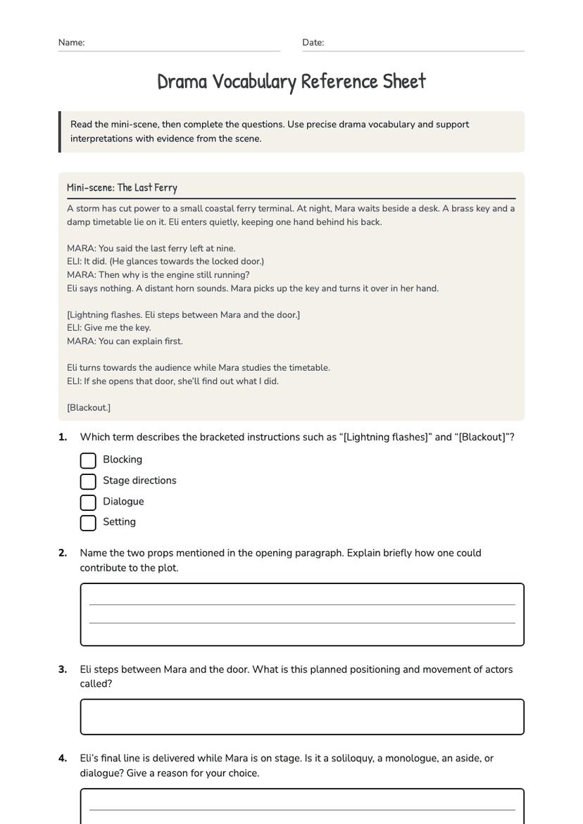 Drama Vocabulary Reference Sheet