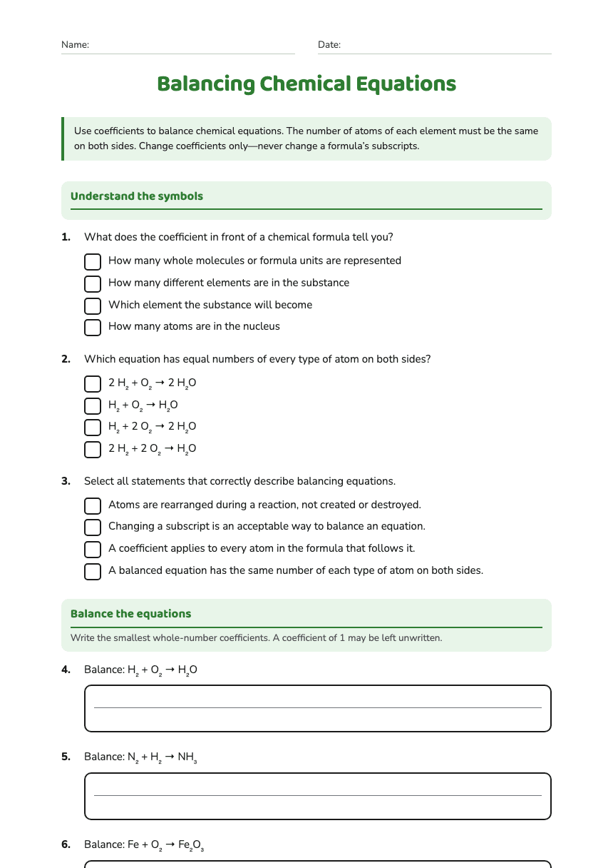 Balancing Chemical Equations worksheet preview