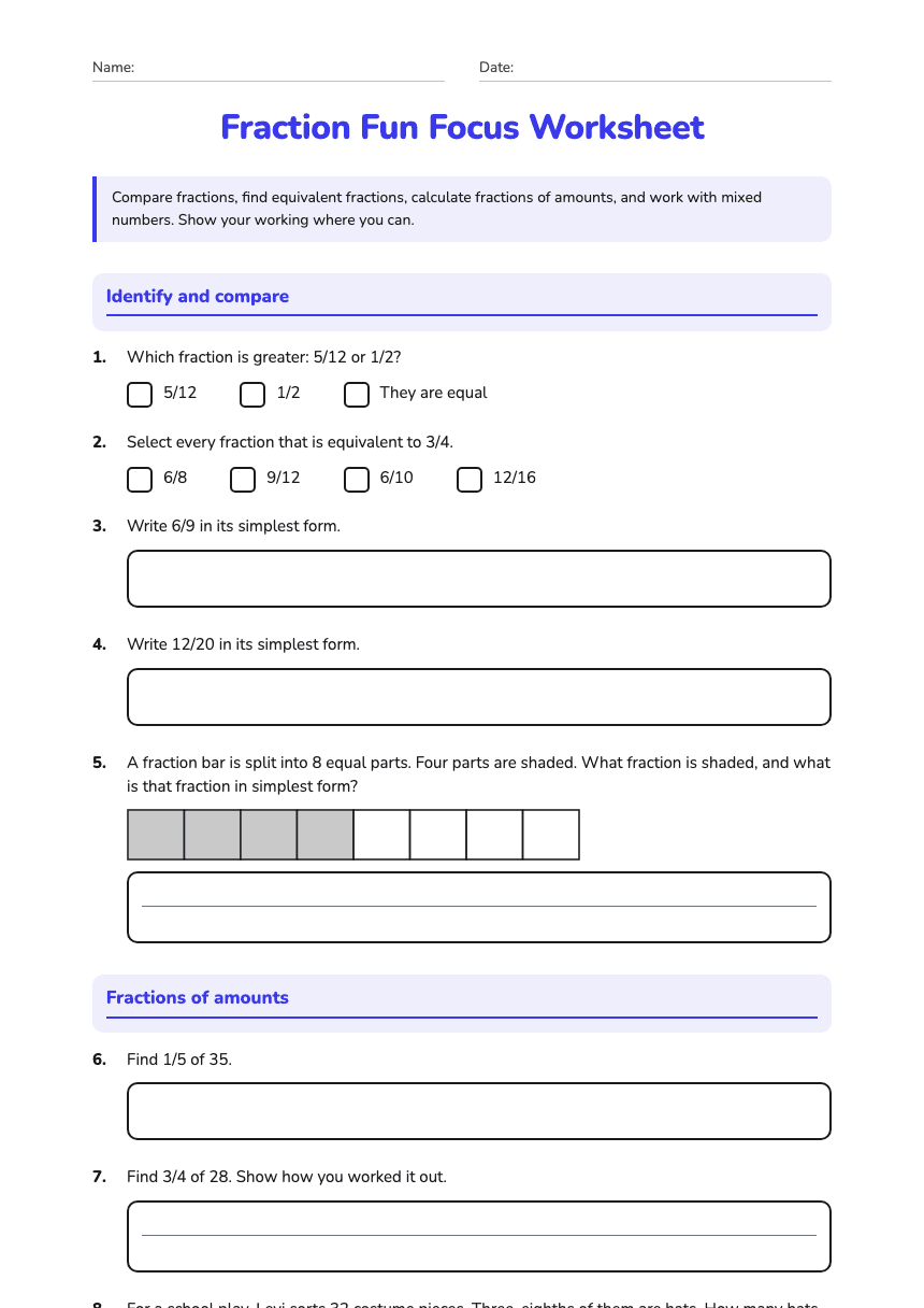 Fraction Fun Focus Worksheet worksheet preview