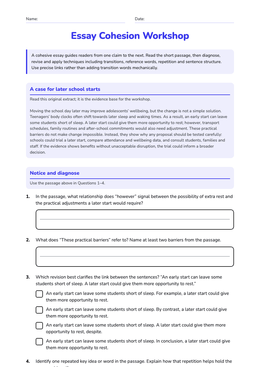 Essay Cohesion Workshop worksheet preview