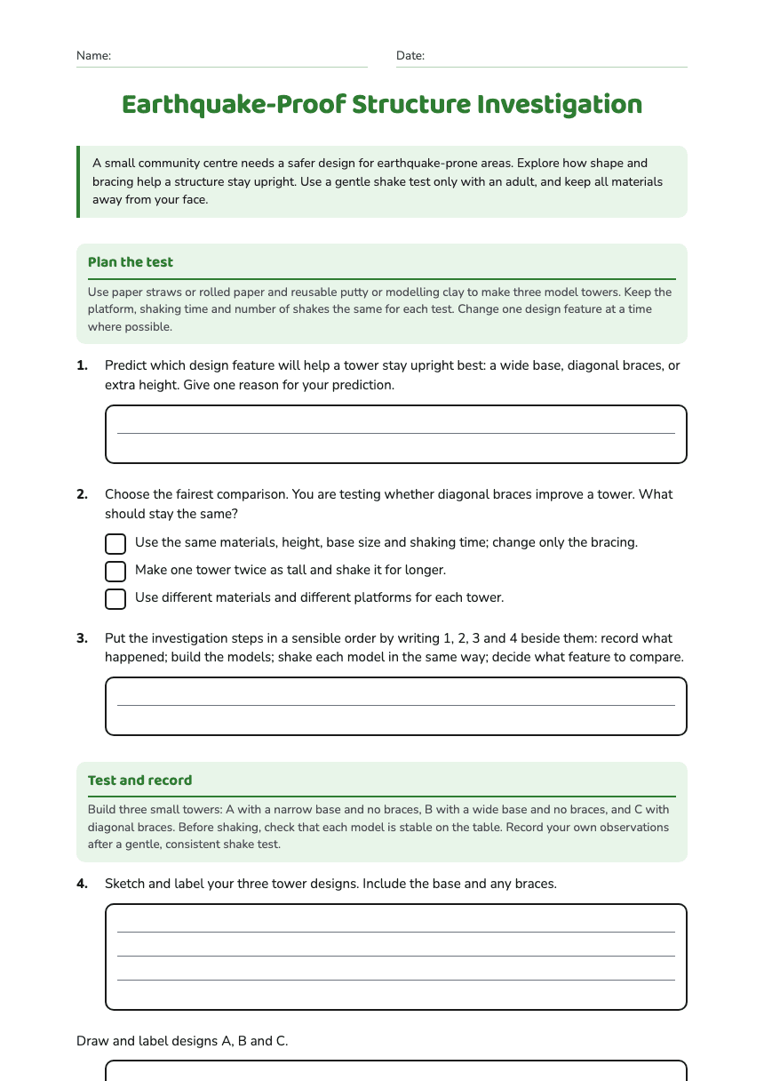 Earthquake-Proof Structure Investigation worksheet preview