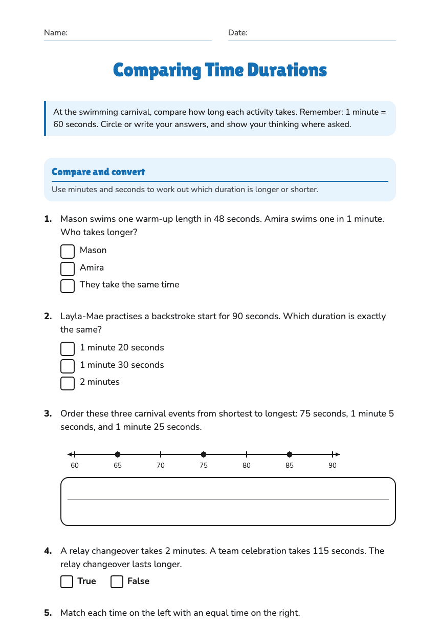 Comparing Time Durations worksheet preview