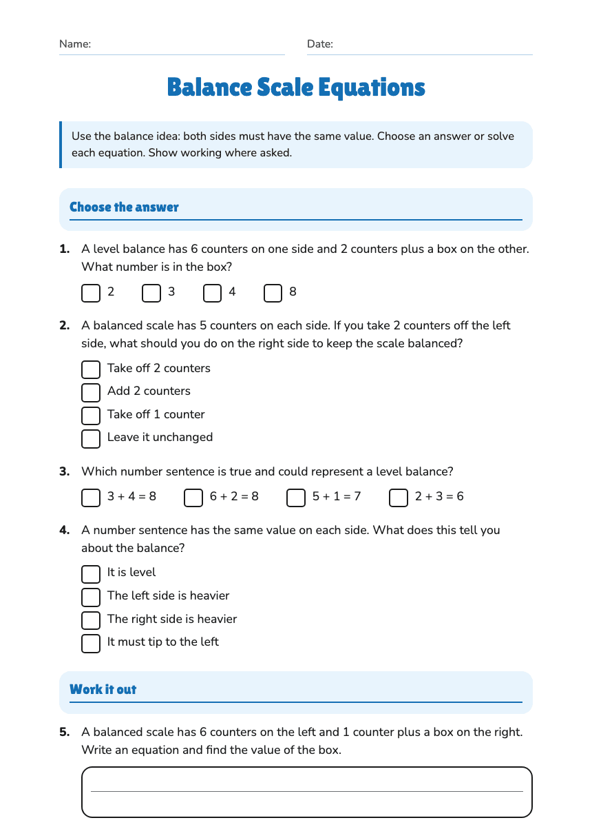 Balance Scale Equations worksheet preview