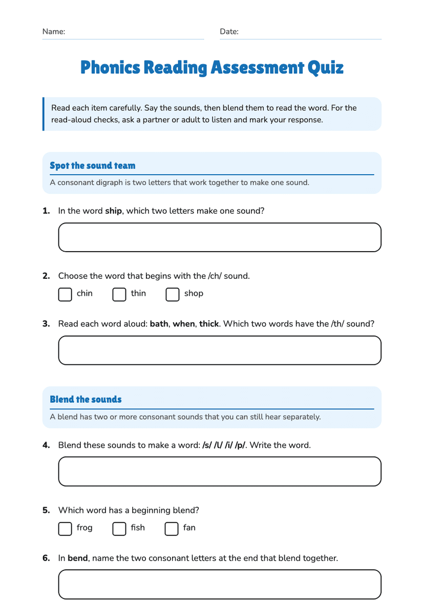 Phonics Reading Assessment Quiz