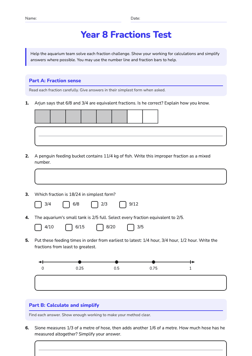 Year 8 Fractions Test worksheet preview