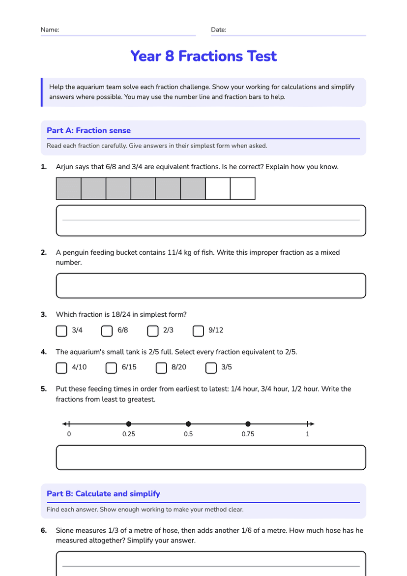 Year 8 Fractions Test