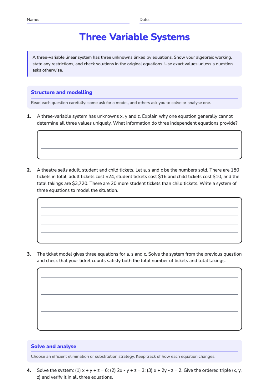 Three Variable Systems worksheet preview