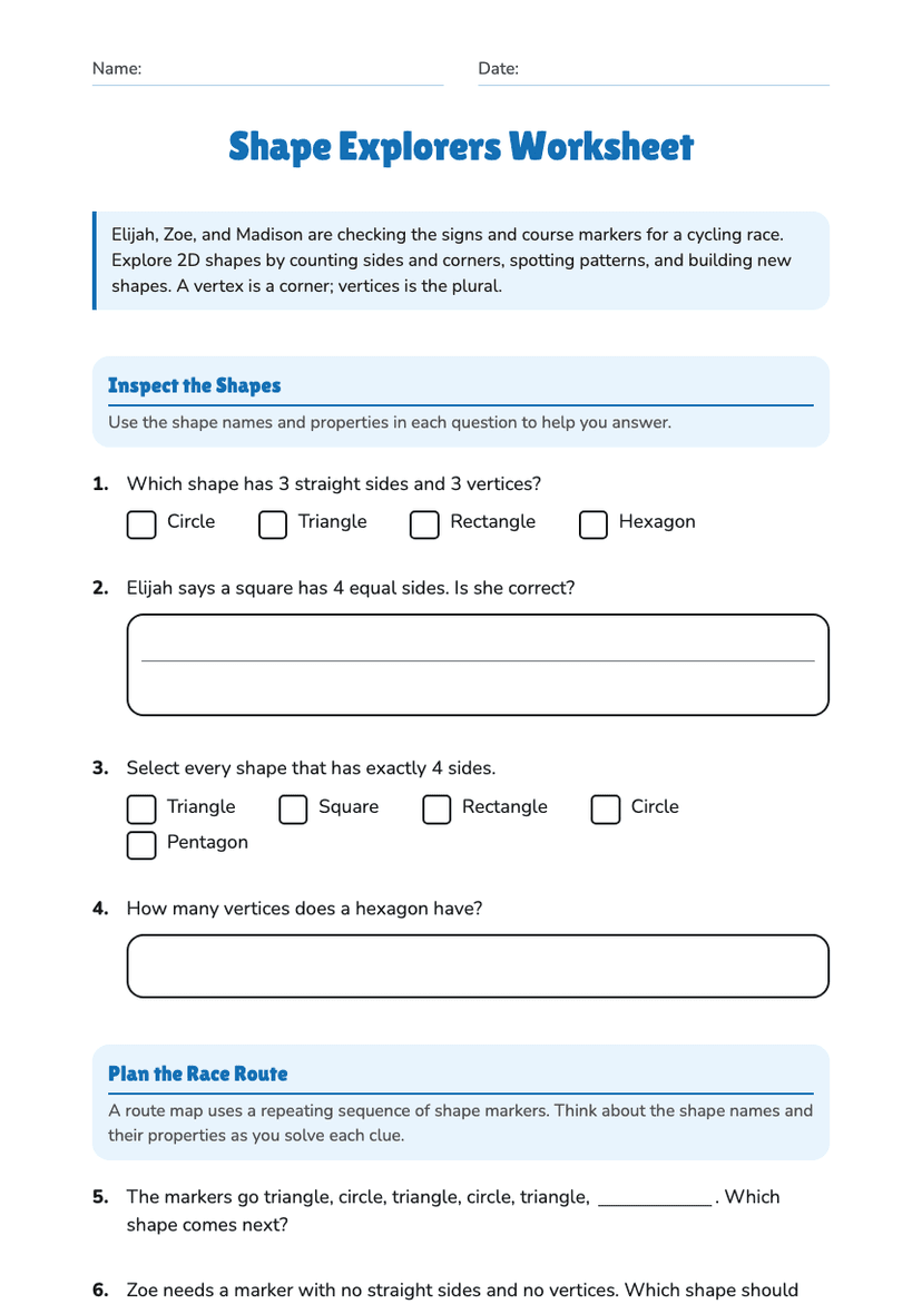 Shape Explorers Worksheet