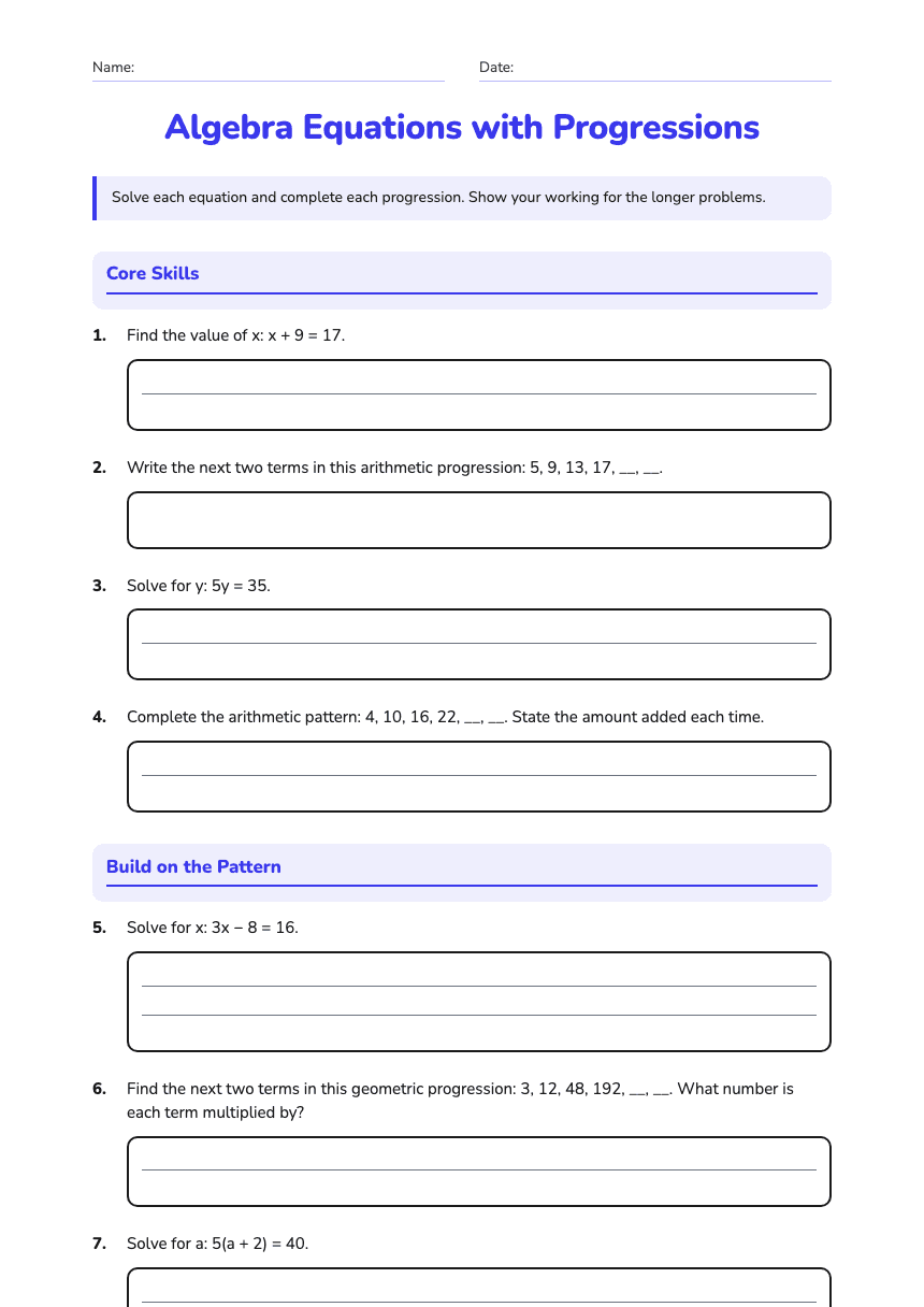Algebra Equations with Progressions worksheet preview