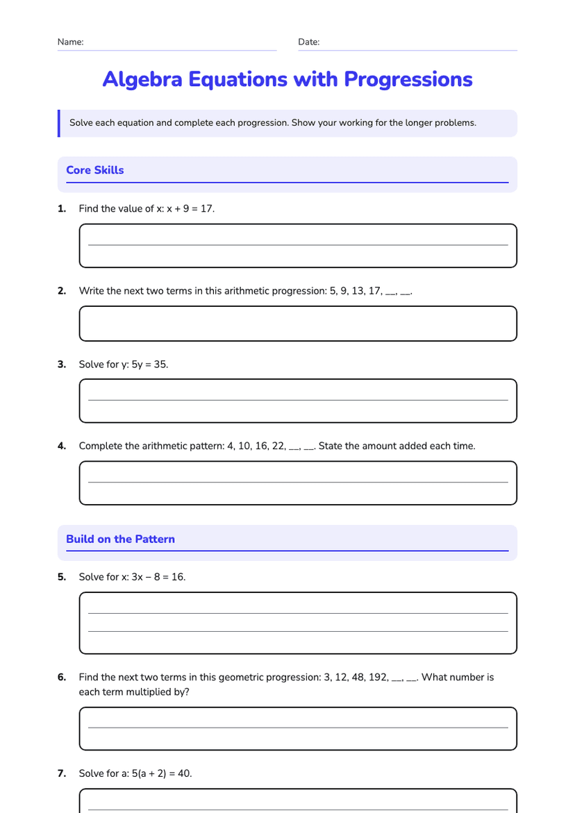 Algebra Equations with Progressions