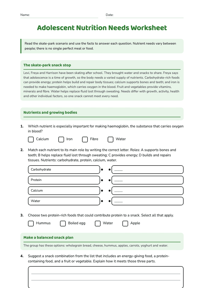 Adolescent Nutrition Needs Worksheet