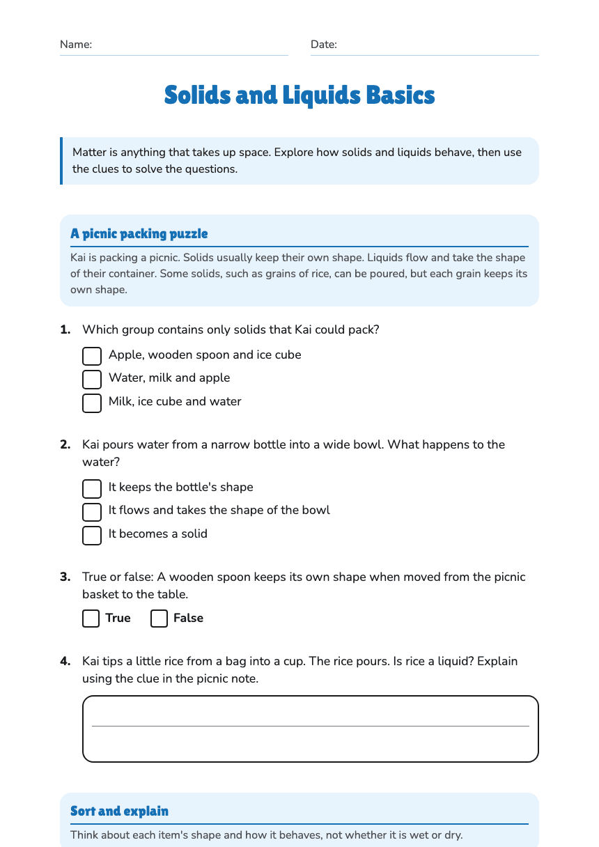 Solids and Liquids Basics worksheet preview