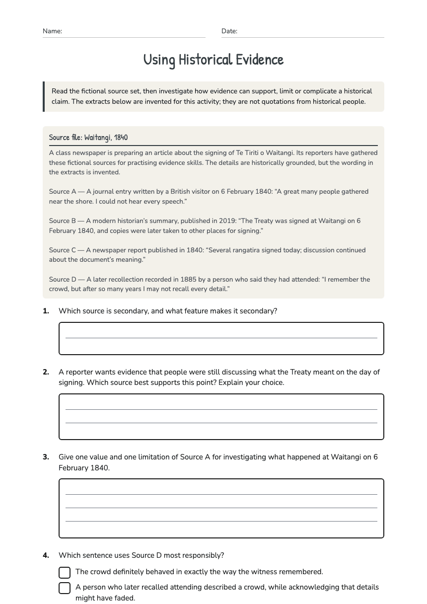 Using Historical Evidence worksheet preview
