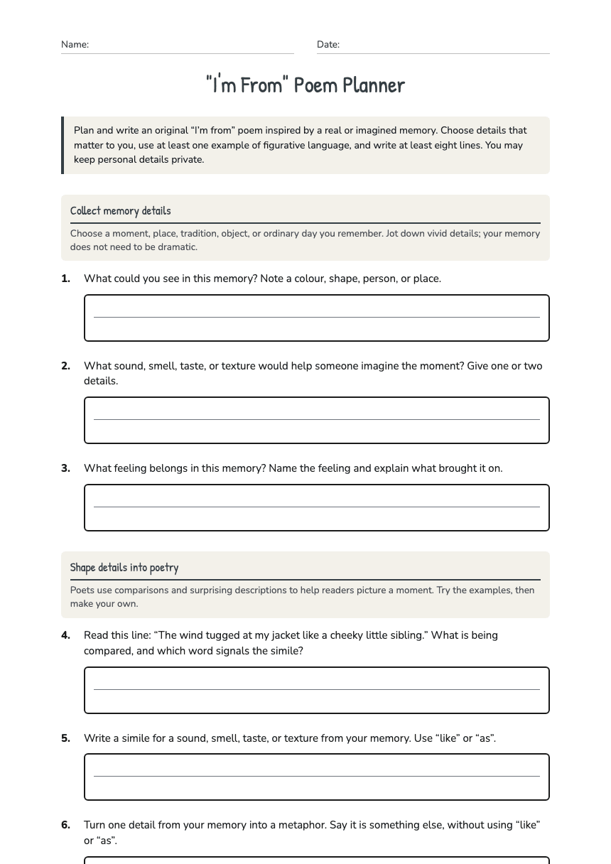 "I'm From" Poem Planner worksheet preview