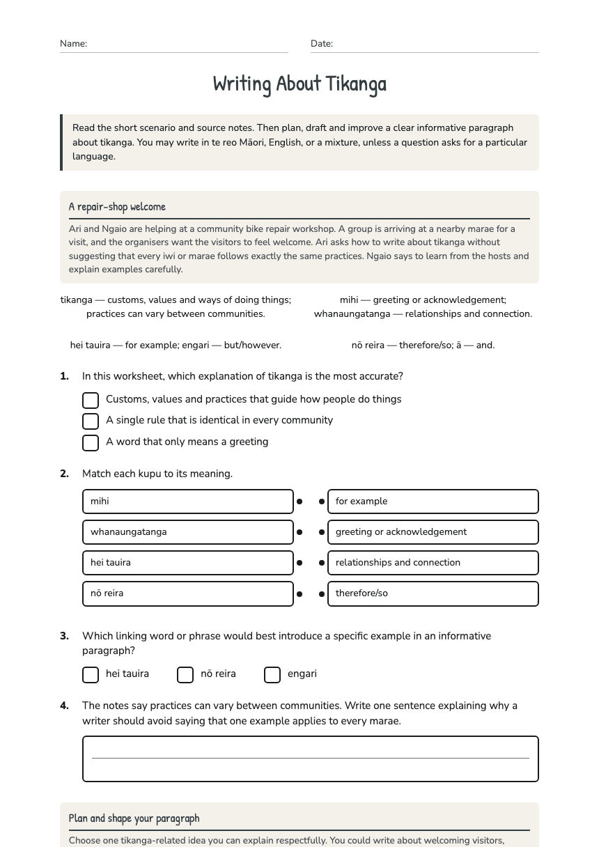 Writing About Tikanga worksheet preview
