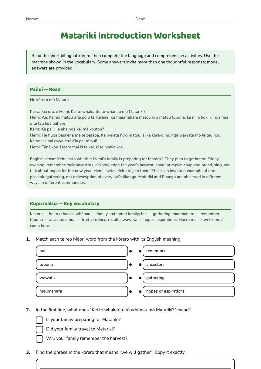 Matariki Introduction Worksheet worksheet preview